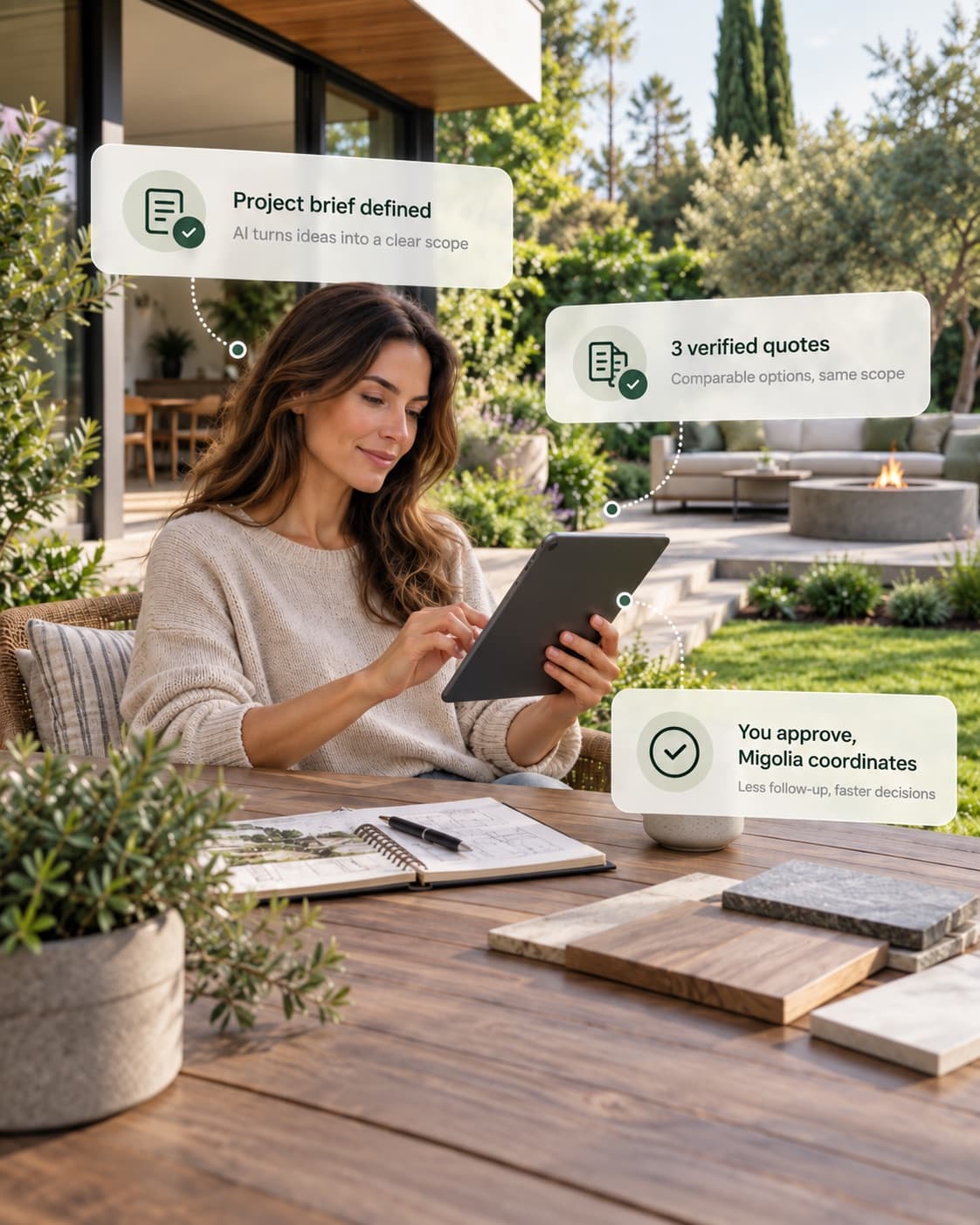 Una clienta revisa su proyecto con Migolia desde el jardín
